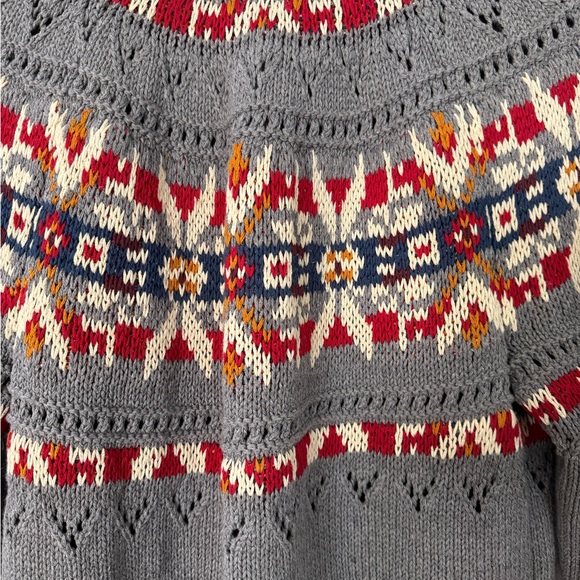 L.L. Bean Signature Gray Fair Isle Cardigan with Red, Navy & Cream Accents - Picture 6 of 10
